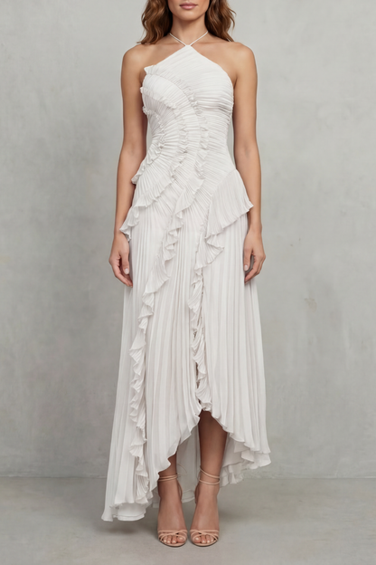 Ruffle Pleated Maxi Dress in Ivory – Genevieve by Maravesse