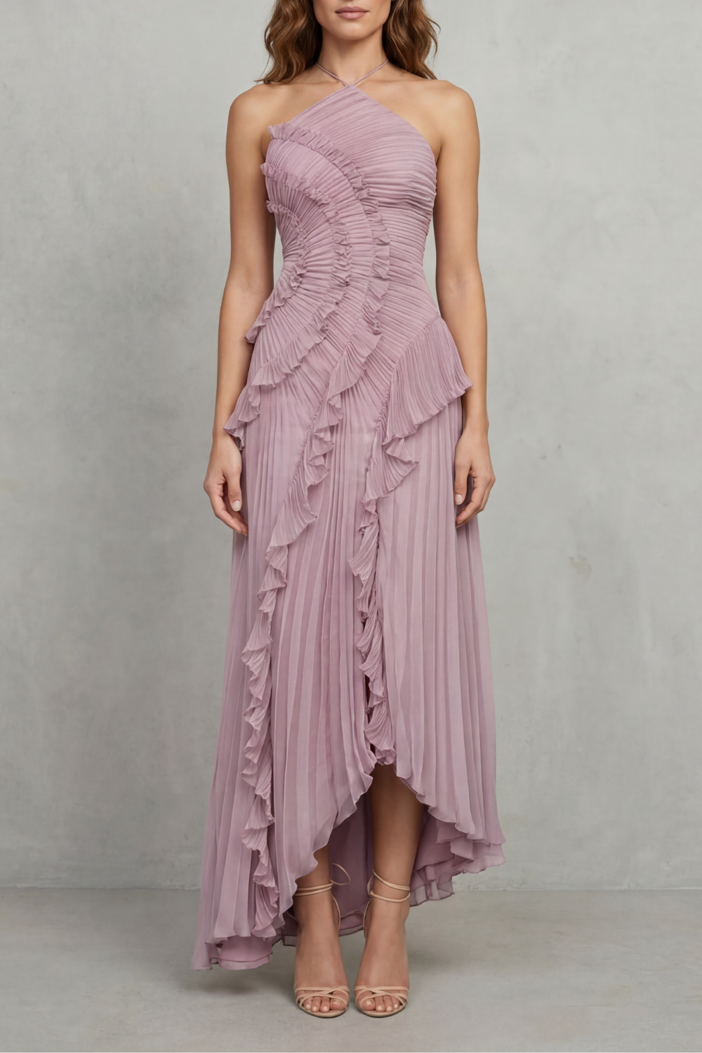 Ruffle Pleated Maxi Dress in Pink – Genevieve by Maravesse