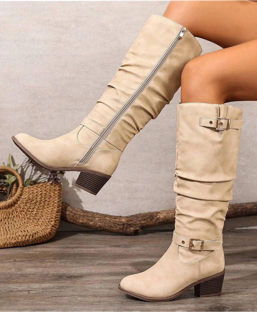 Knee High Leather Boots in Beige – Ophelia by Maravesse