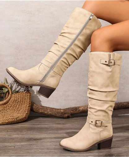 Knee High Leather Boots in Beige – Ophelia by Maravesse
