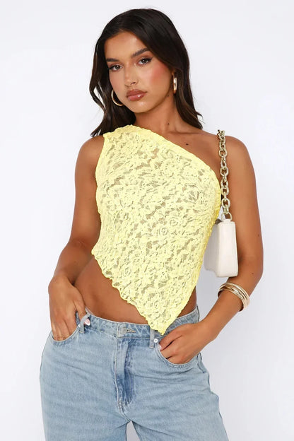 One-Shoulder Lace Blouse in Lemon Yellow – Romy by Maravesse
