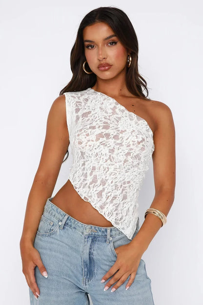 One-Shoulder Lace Blouse in White – Romy by Maravesse