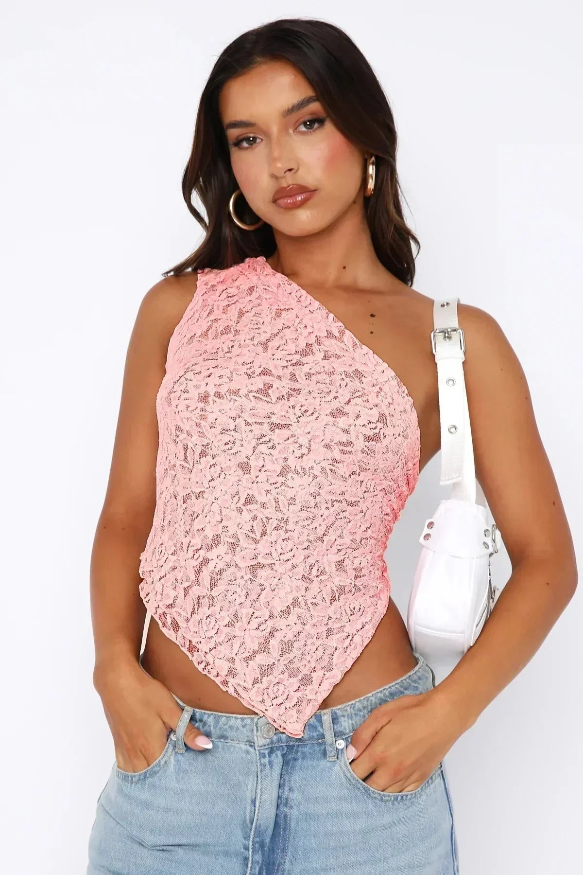 One-Shoulder Lace Blouse in Pink – Romy by Maravesse