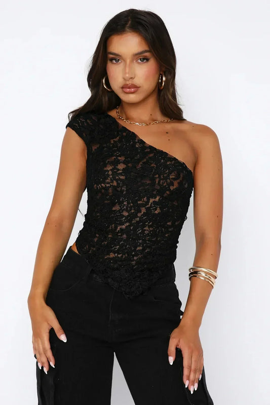 One-Shoulder Lace Blouse in Black – Romy by Maravesse