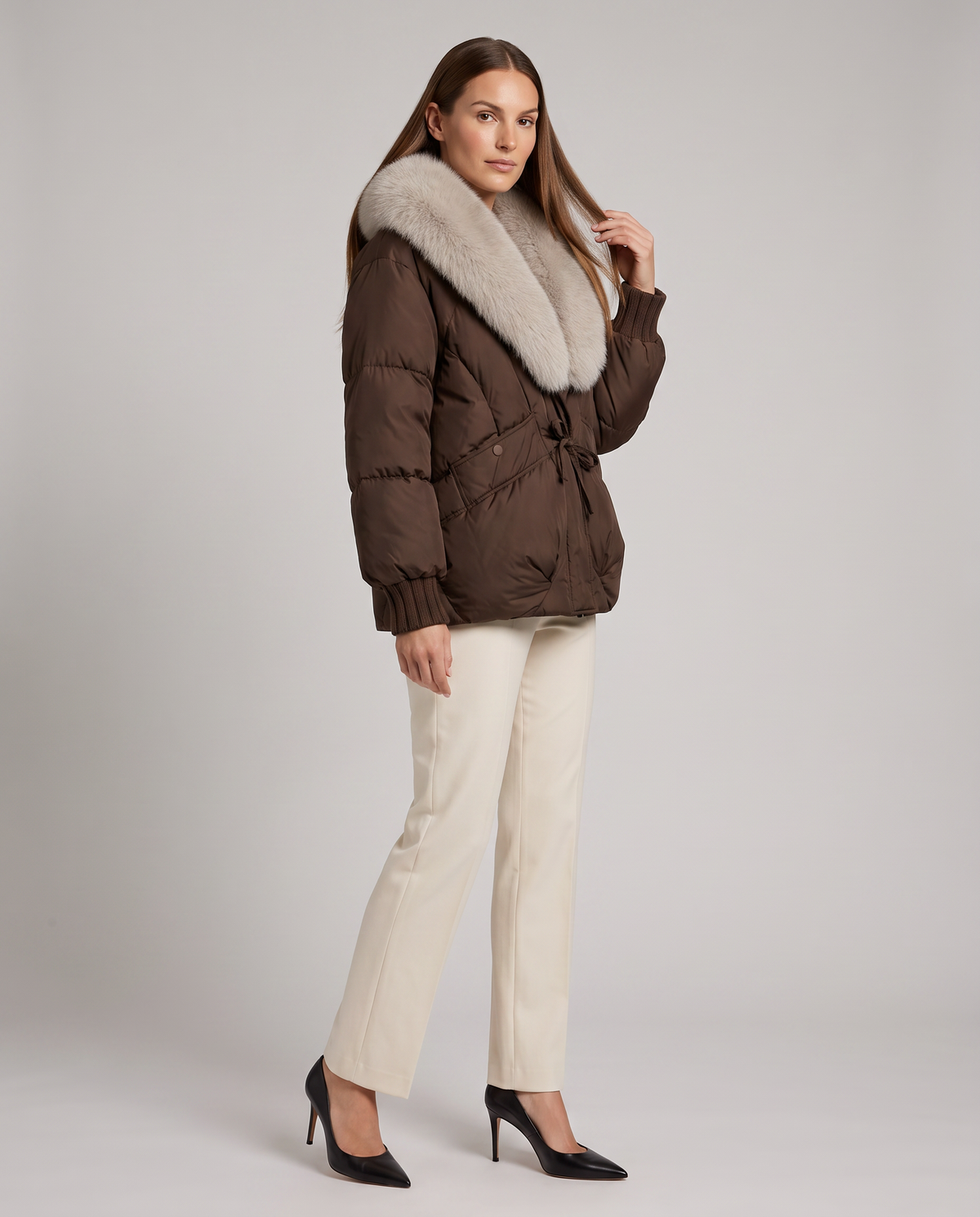 Faux Fur Puffer Jacket in Brown – Henrietta by Maravesse
