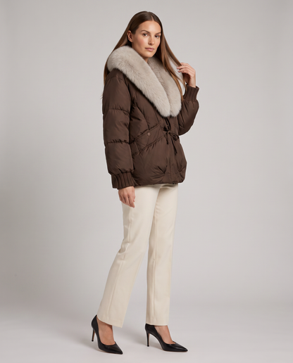 Faux Fur Puffer Jacket in Brown – Henrietta by Maravesse