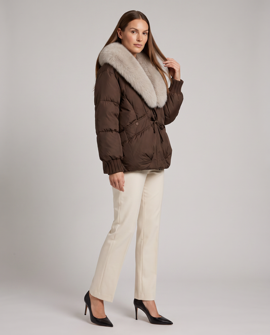 Faux Fur Puffer Jacket in Brown – Henrietta by Maravesse