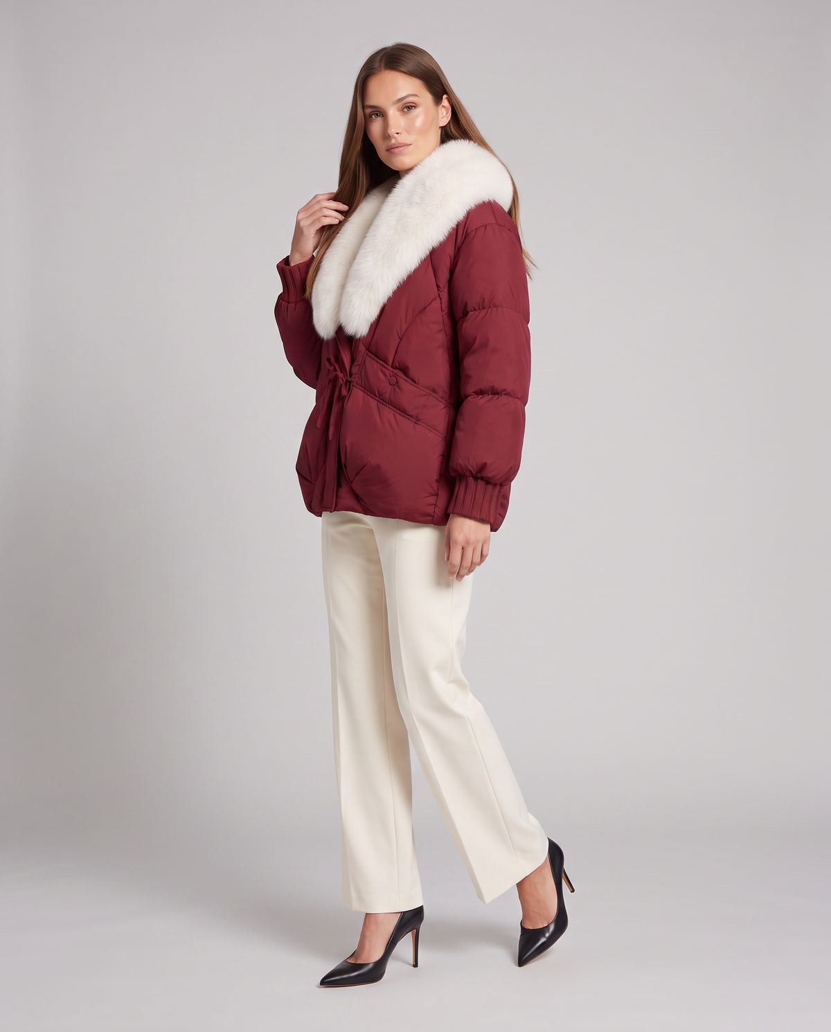 Faux Fur Puffer Jacket in Red – Henrietta by Maravesse
