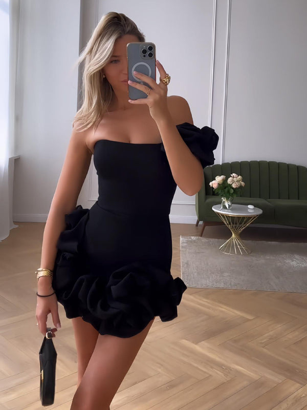 Ruffle Mini Dress in Black – Imogen by Maravesse