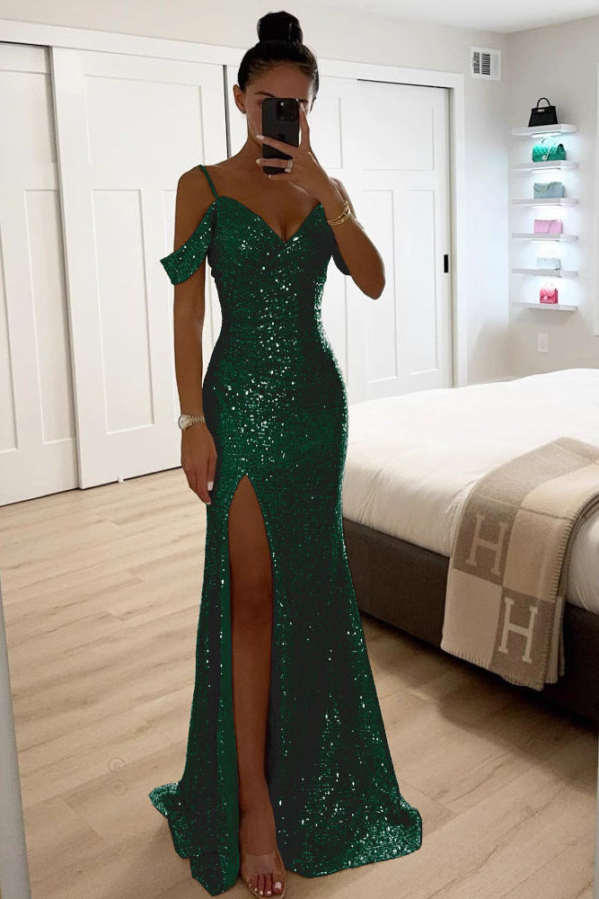Sequin Off-Shoulder Maxi Dress in Green – Ronja by Maravesse