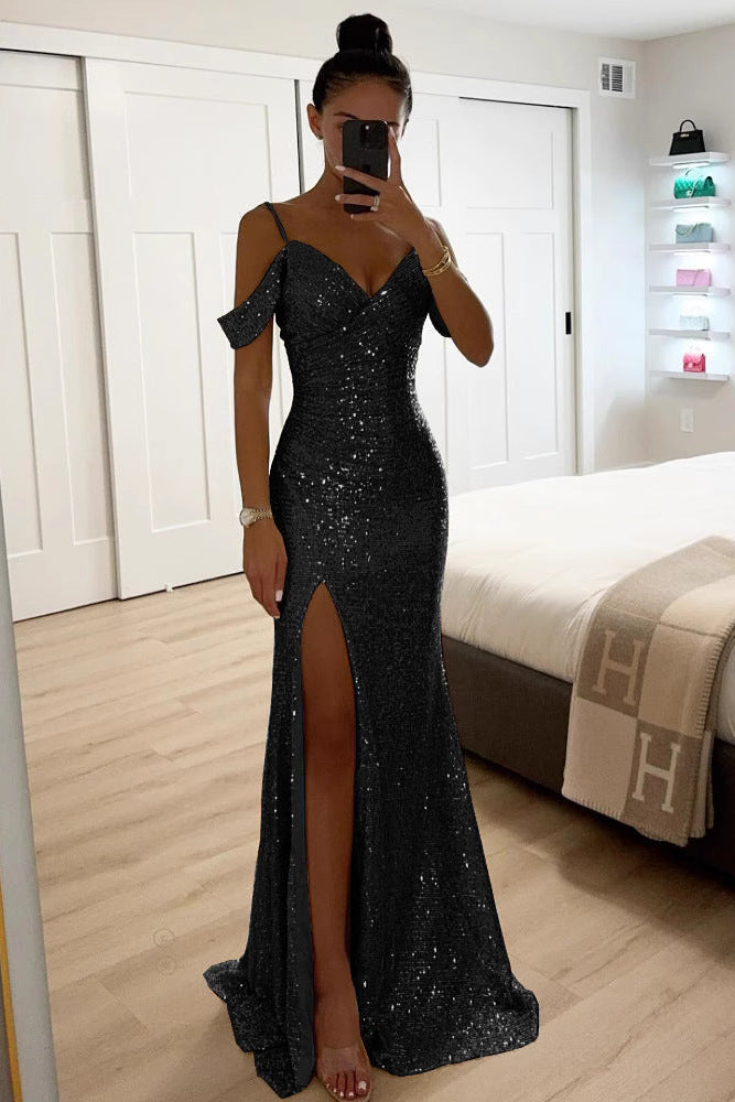Sequin Off-Shoulder Maxi Dress in Black – Ronja by Maravesse