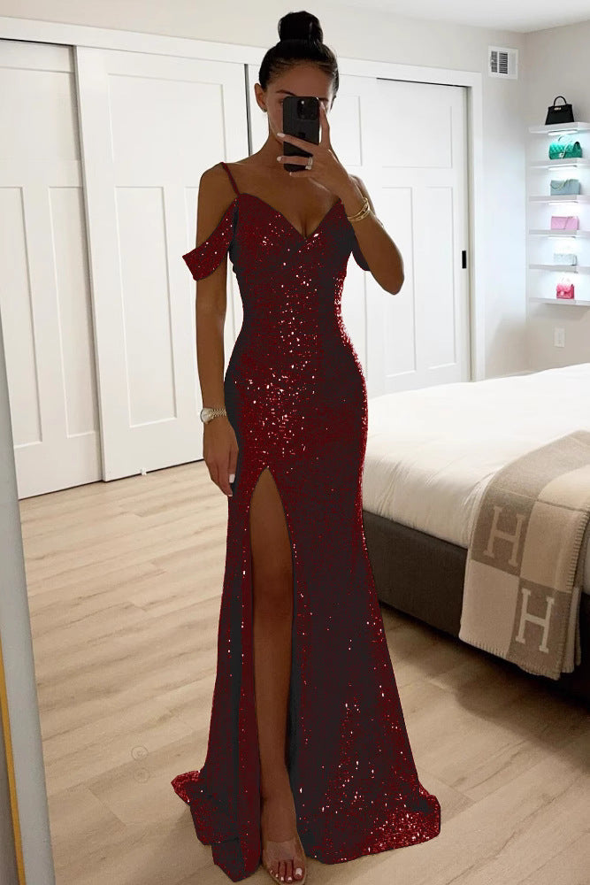 Sequin Off-Shoulder Maxi Dress in Red – Ronja by Maravesse