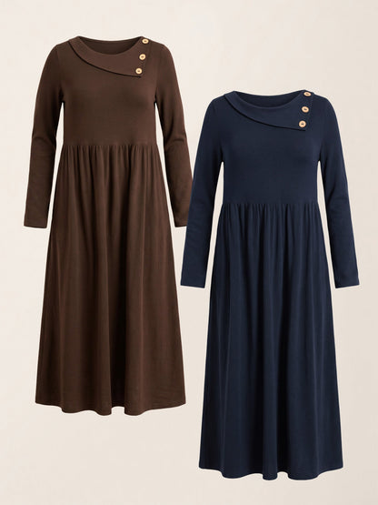 Pleated Wool Midi Dress in Coffee/Navy Blue – Celestine by Maravesse
