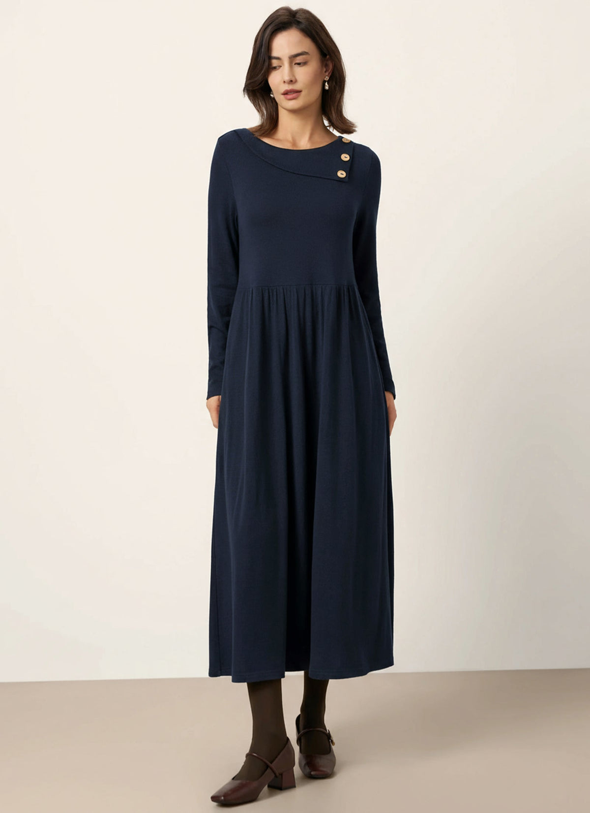 Pleated Wool Midi Dress in Navy Blue – Celestine by Maravesse