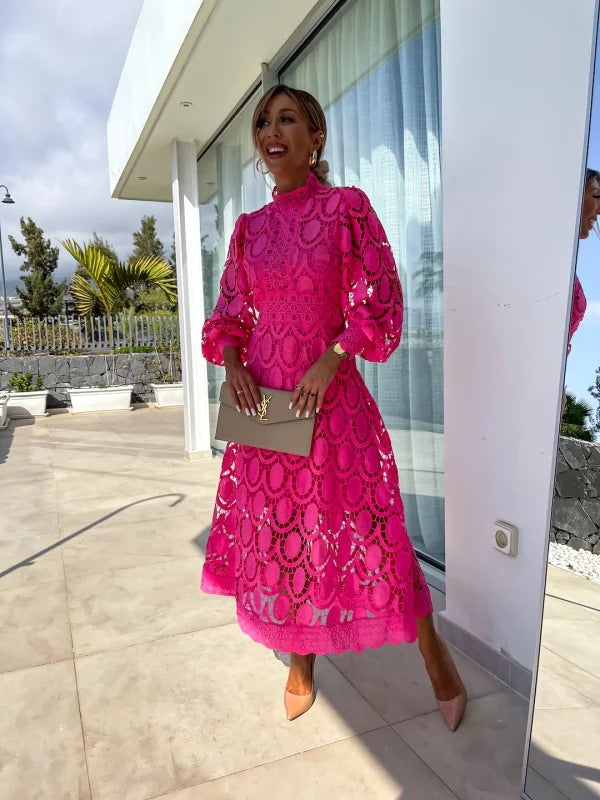 Lace Puff Sleeve Midi Dress in Pink – Persephone by Maravesse