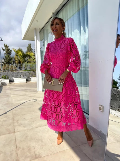 Lace Puff Sleeve Midi Dress in Pink – Persephone by Maravesse