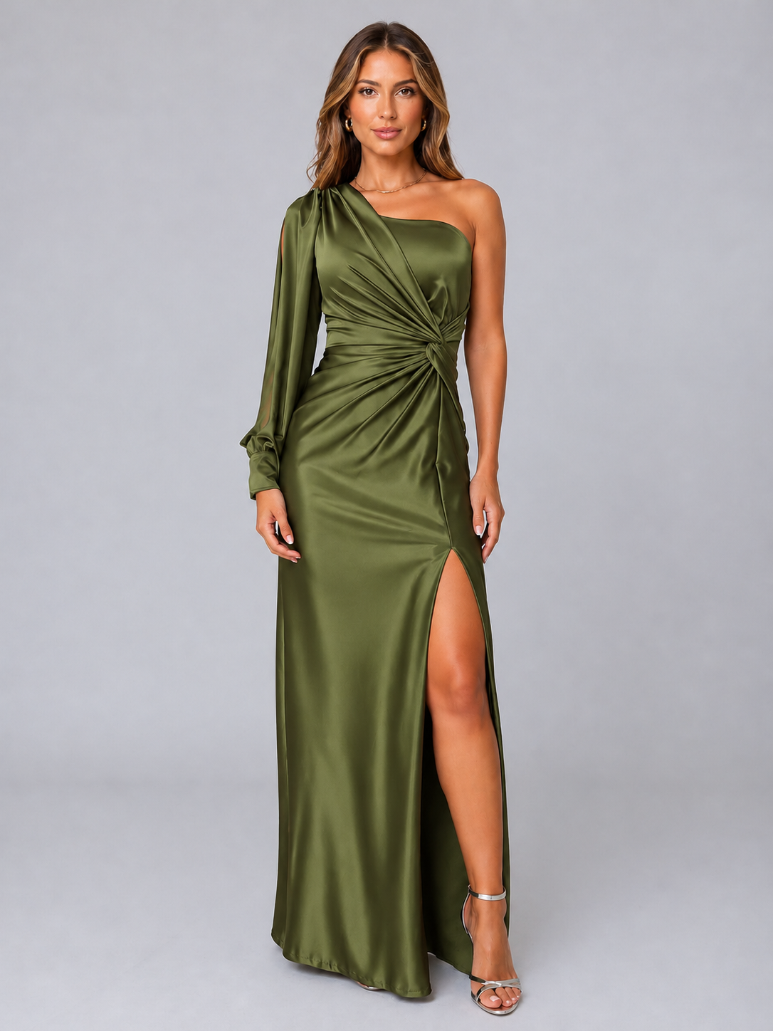 Satin One-Shoulder Maxi Dress in Olive Green – Lark by Maravesse