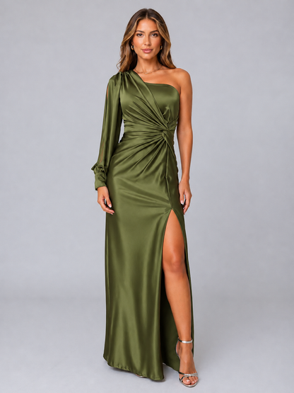 Satin One-Shoulder Maxi Dress in Olive Green – Lark by Maravesse