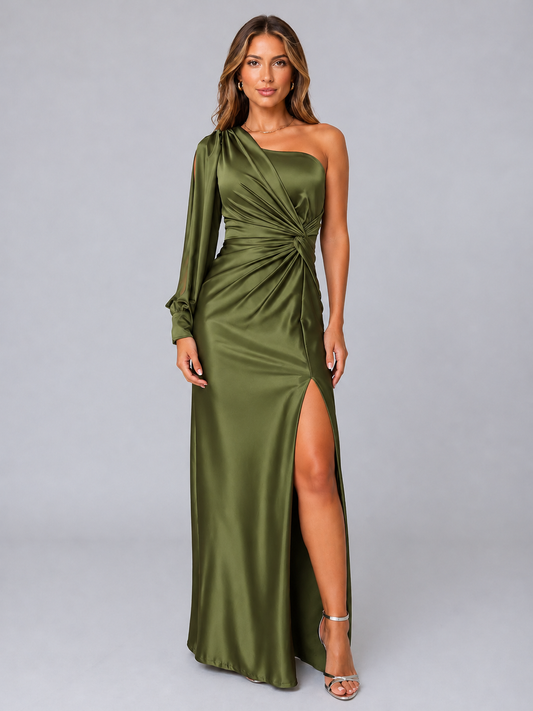 Satin One-Shoulder Maxi Dress in Olive Green – Lark by Maravesse