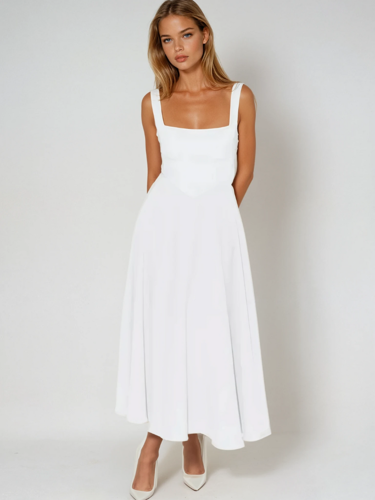 Square-Neck Midi Dress in White – Lise by Maravesse
