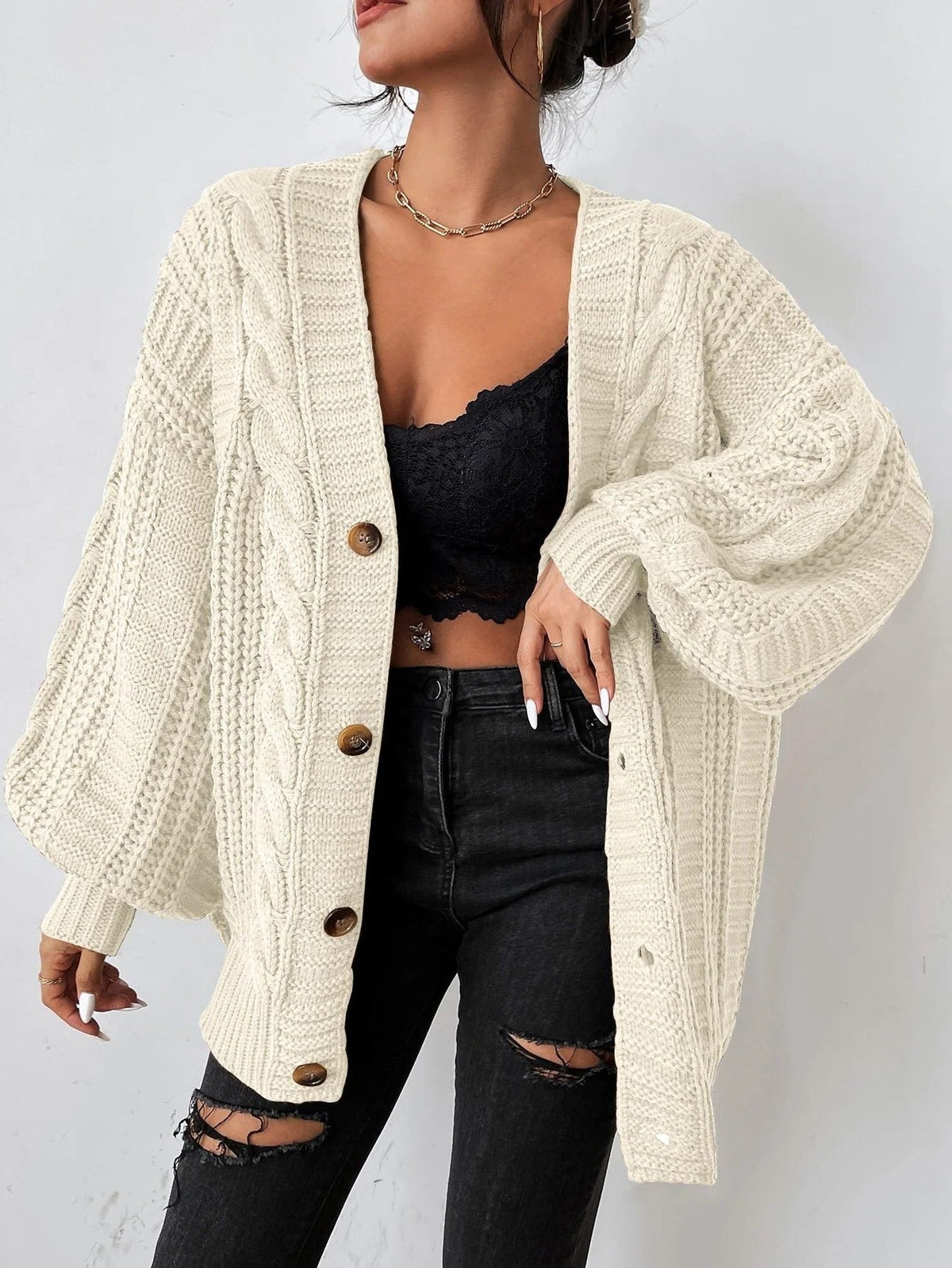 Cable Knit Cable Cardigan in Cream – Sabine by Maravesse