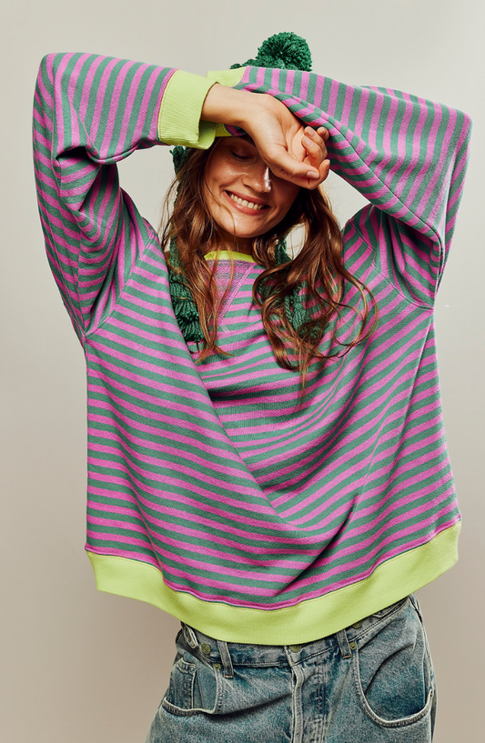 Striped Oversized Sweatshirt in Green & Pink – Rosa by Maravesse