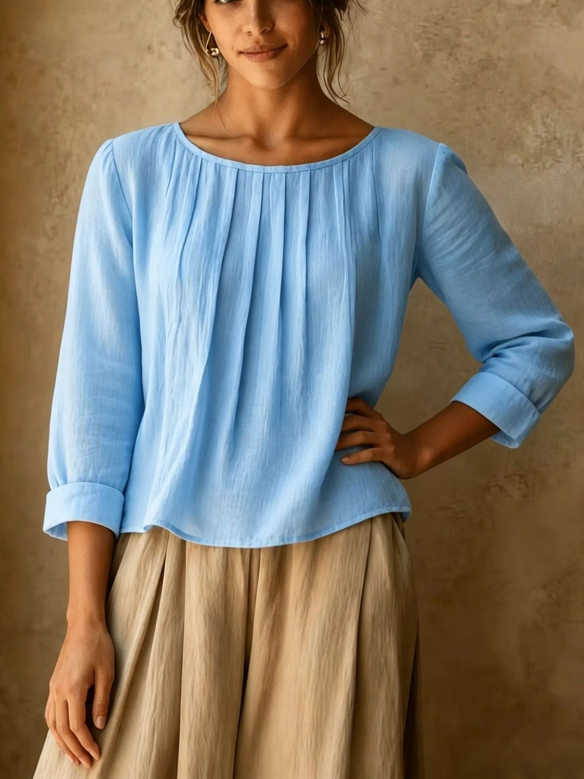 Pleated Linen Blouse in Light Blue – Arabella by Maravesse