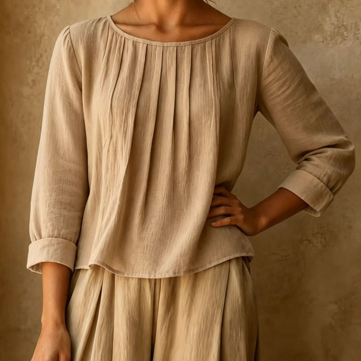 Pleated Linen Blouse in Beige – Arabella by Maravesse