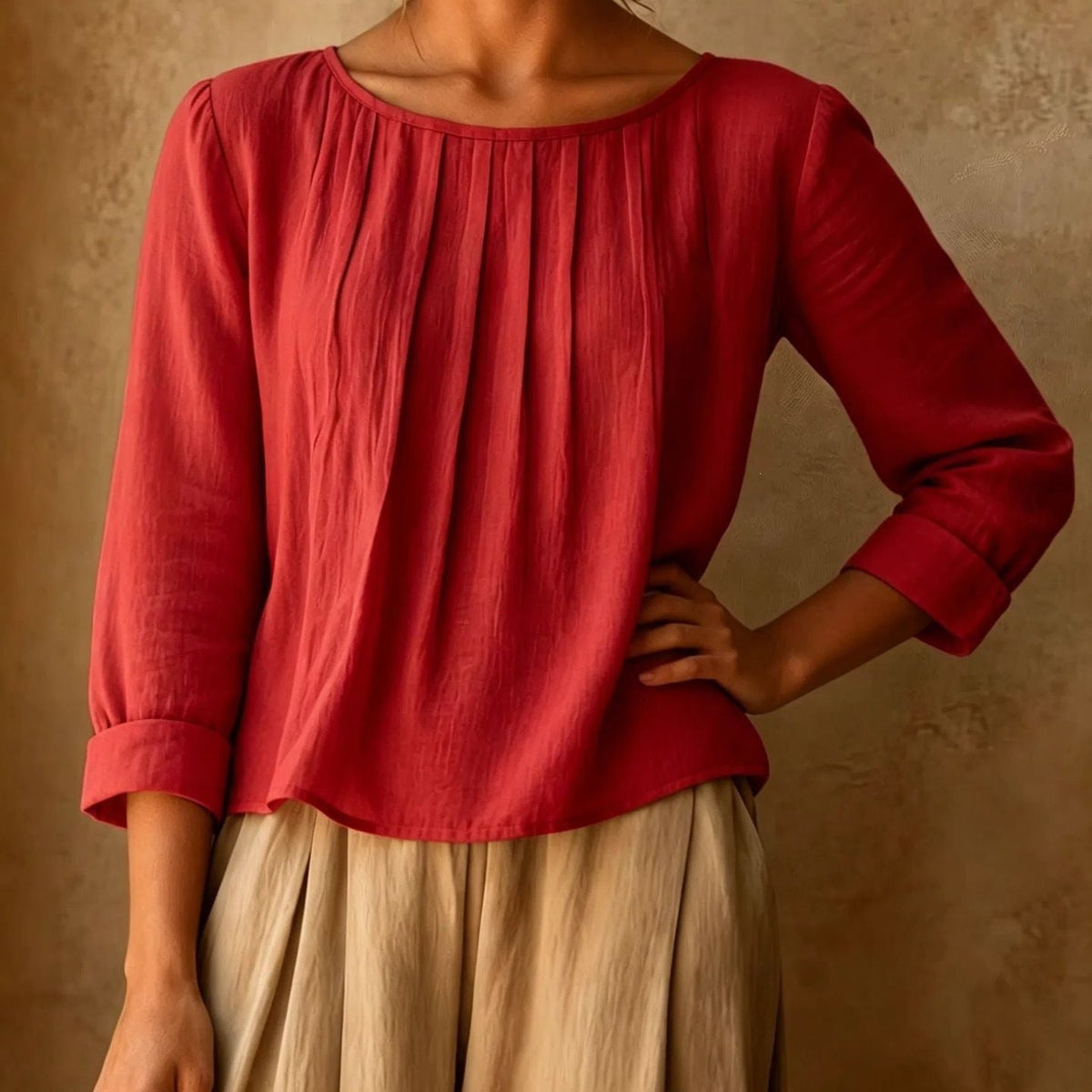 Pleated Linen Blouse in Red – Arabella by Maravesse