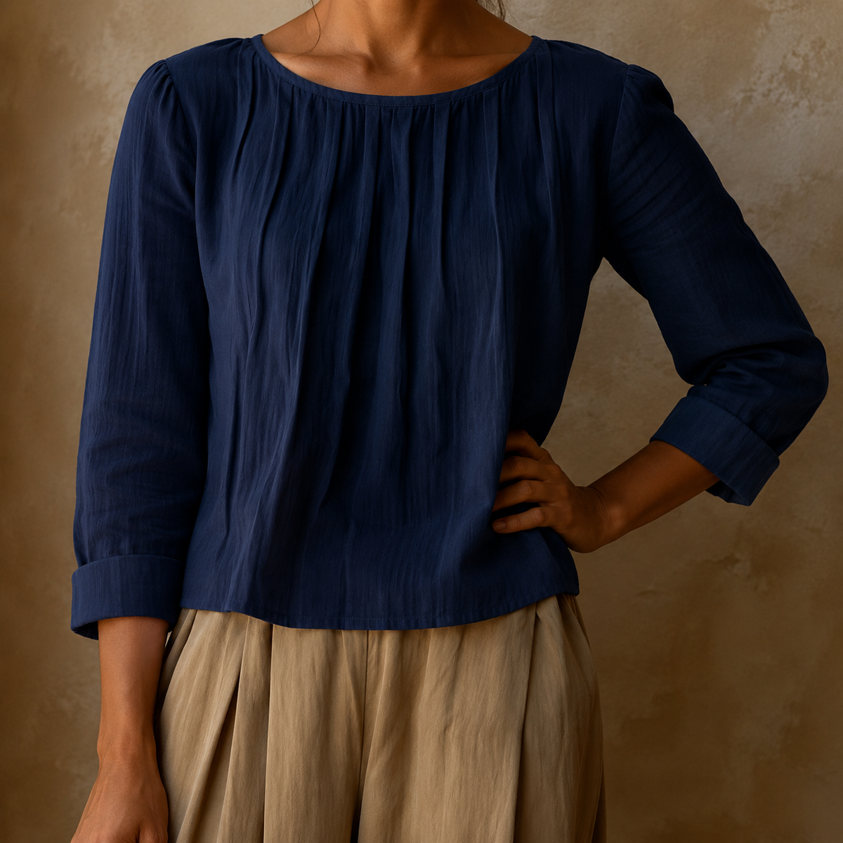 Pleated Linen Blouse in Navy Blue – Arabella by Maravesse