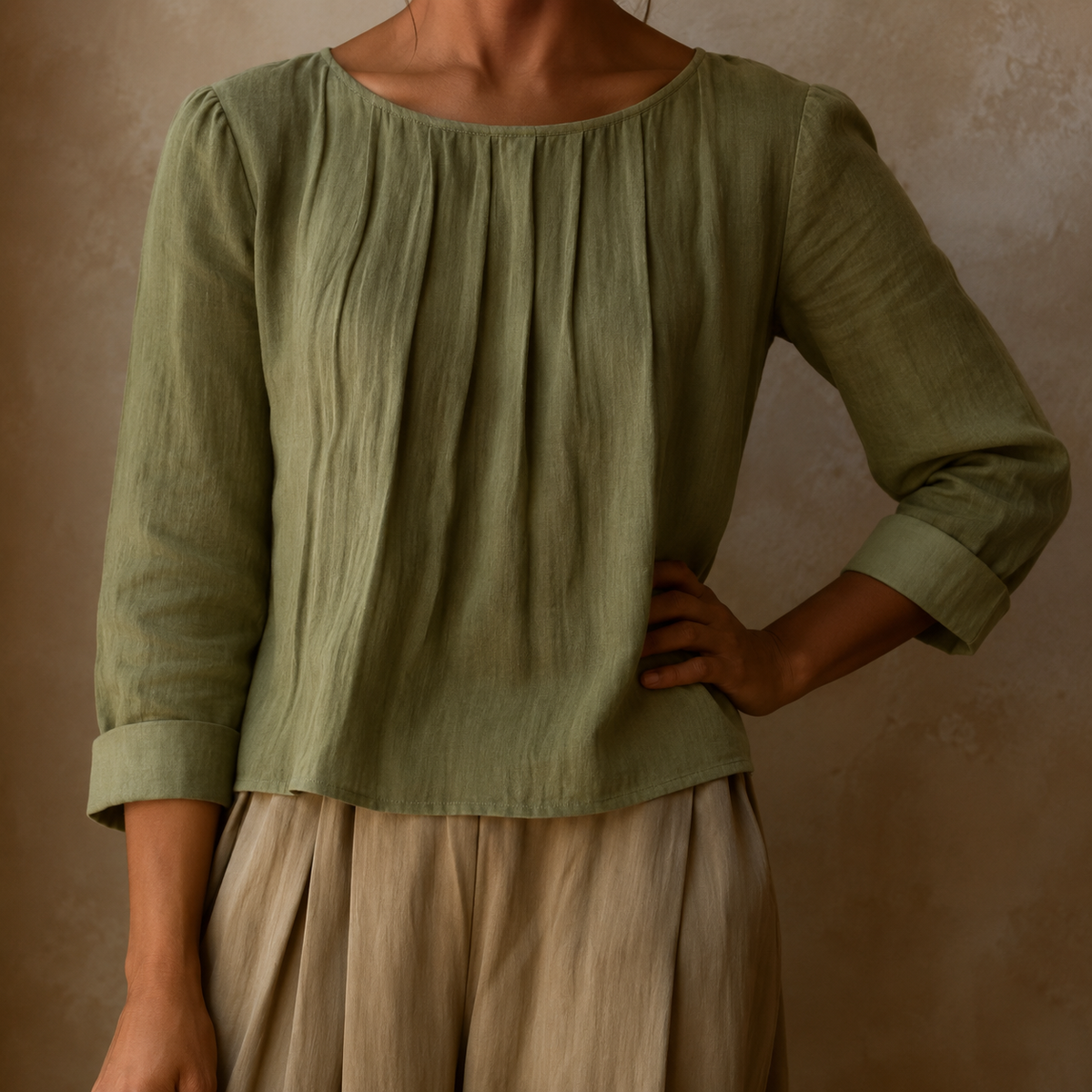 Pleated Linen Blouse in Green – Arabella by Maravesse