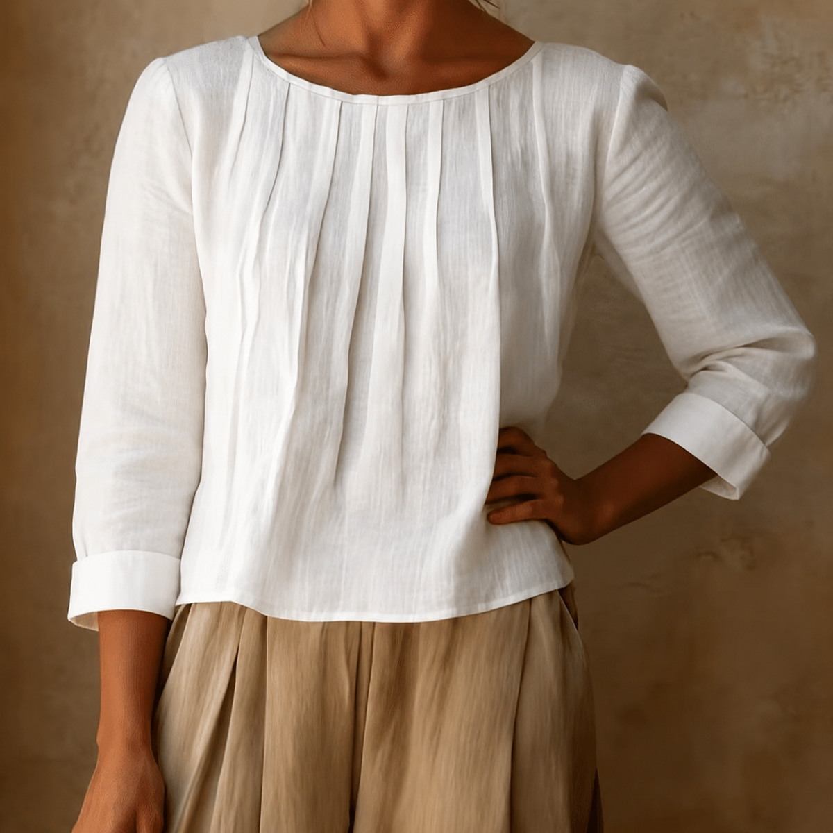 Pleated Linen Blouse in White – Arabella by Maravesse