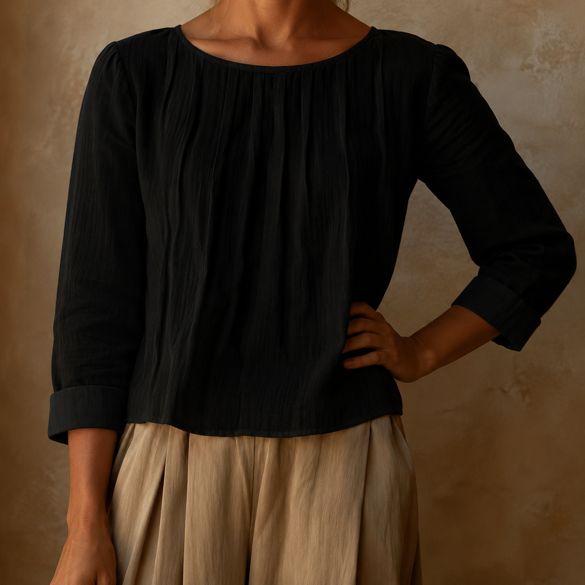 Pleated Linen Blouse in Black – Arabella by Maravesse