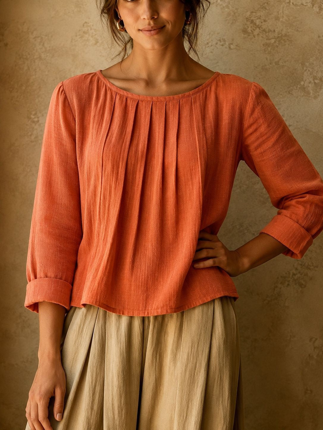 Pleated Linen Blouse in Orange – Arabella by Maravesse