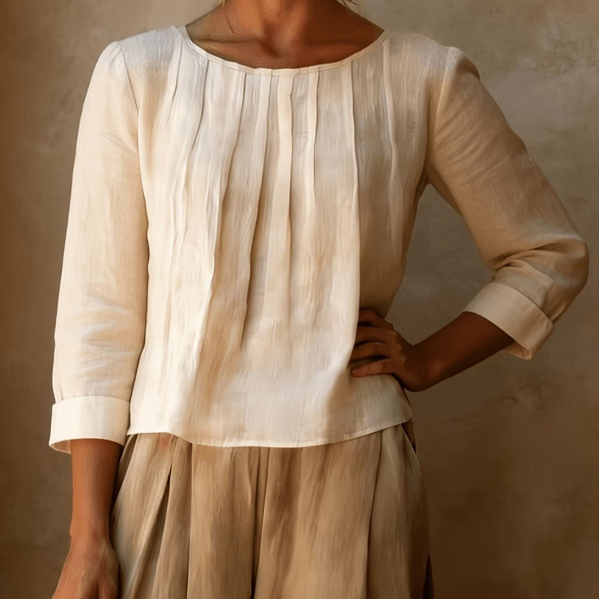 Pleated Linen Blouse in Khaki – Arabella by Maravesse