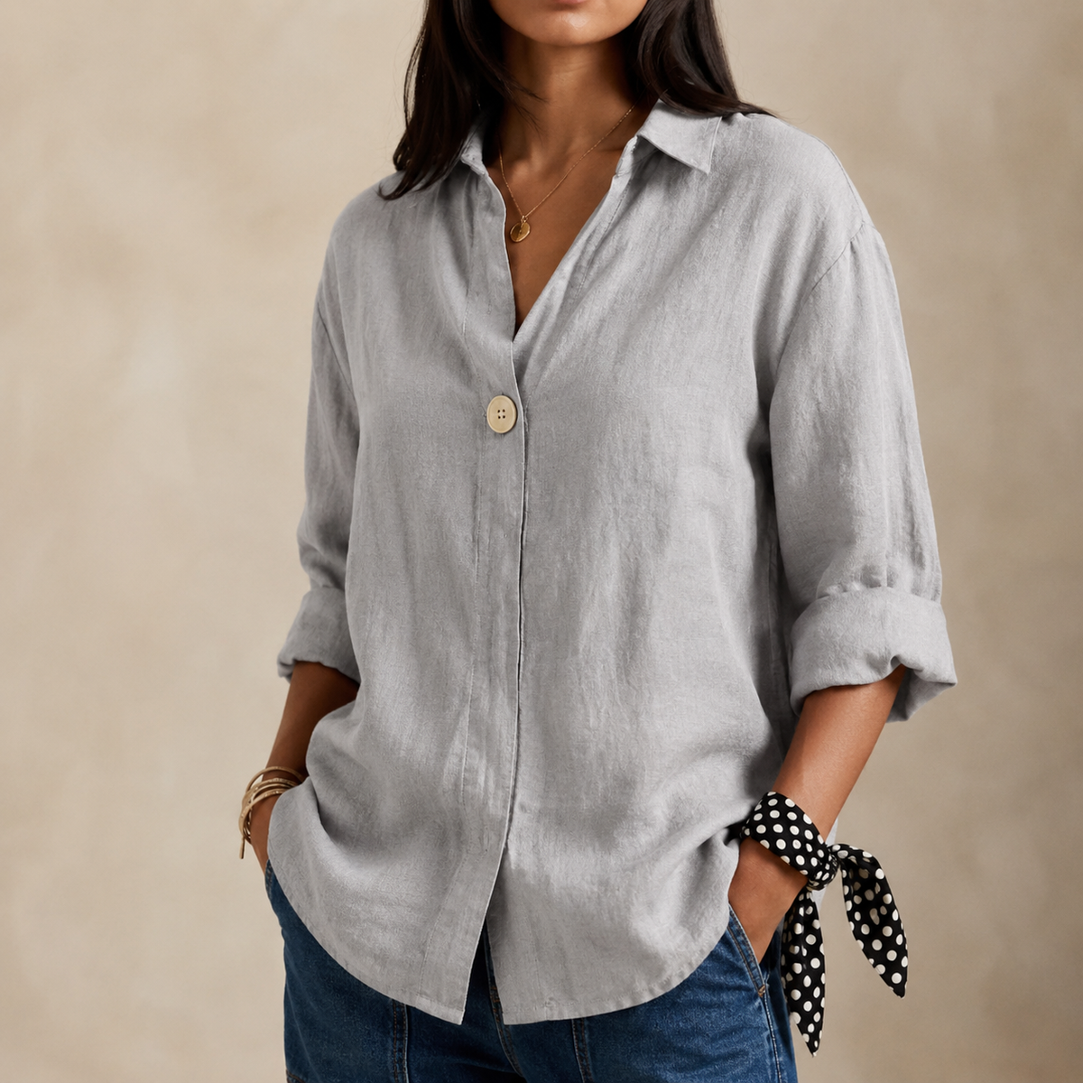 Linen Relaxed Blouse in Grey – Ottilie by Maravesse