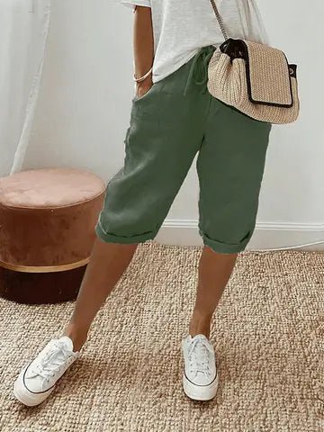 Linen Cropped Shorts in Green – Maeve by Maravesse