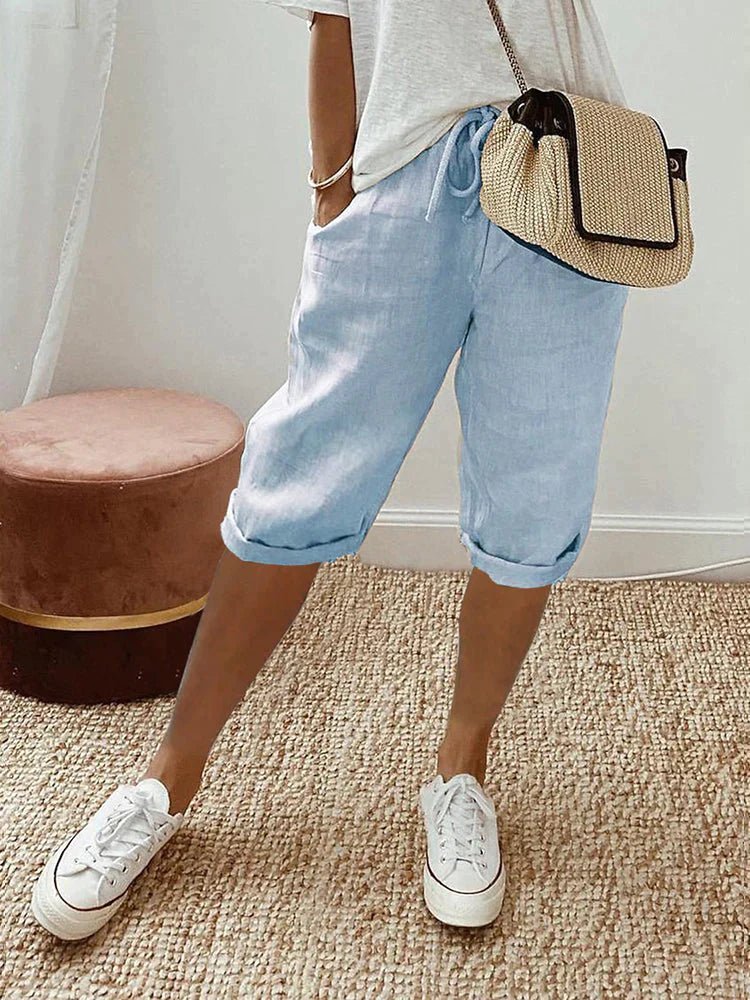 Linen Cropped Shorts in Blue – Maeve by Maravesse