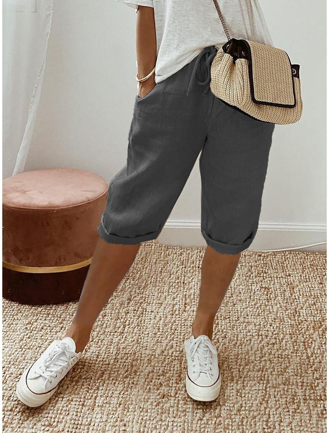 Linen Cropped Shorts in Grey – Maeve by Maravesse