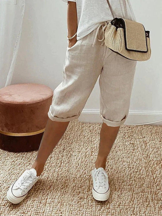 Linen Cropped Shorts in Beige – Maeve by Maravesse