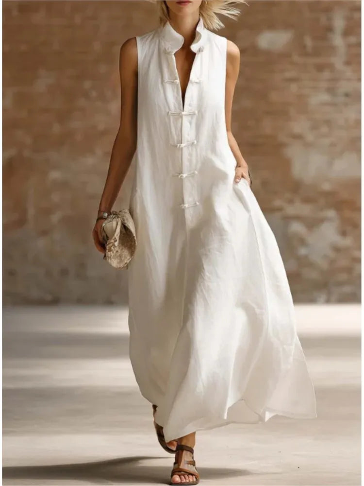 Linen Relaxed Maxi Dress in White – Valerie by Maravesse