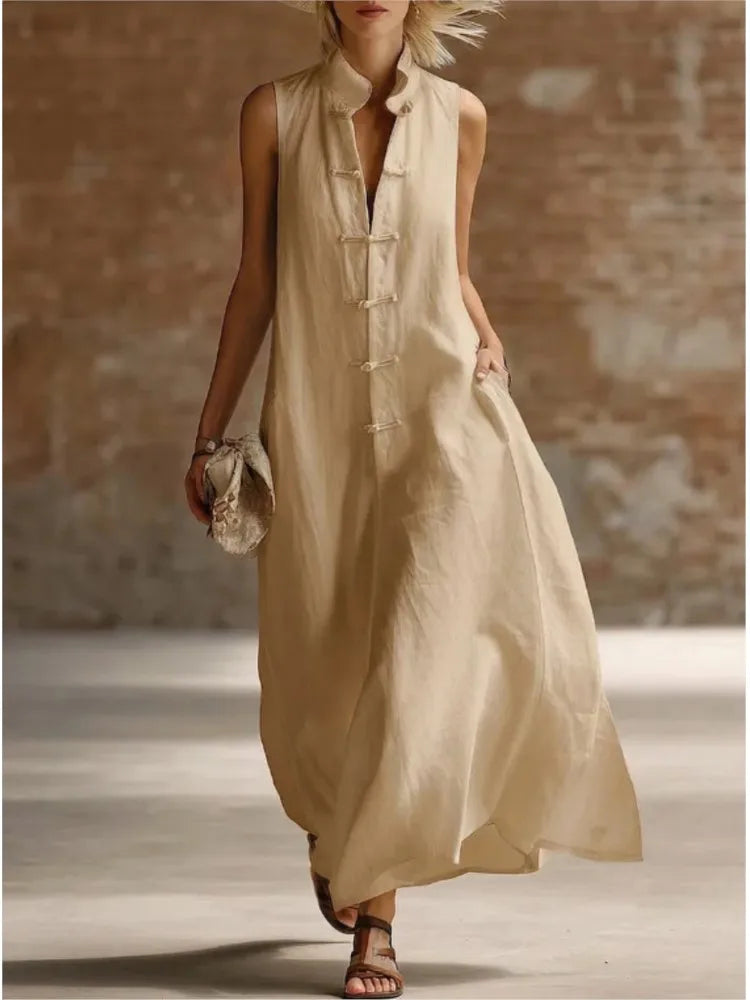 Linen Relaxed Maxi Dress in Khaki – Valerie by Maravesse