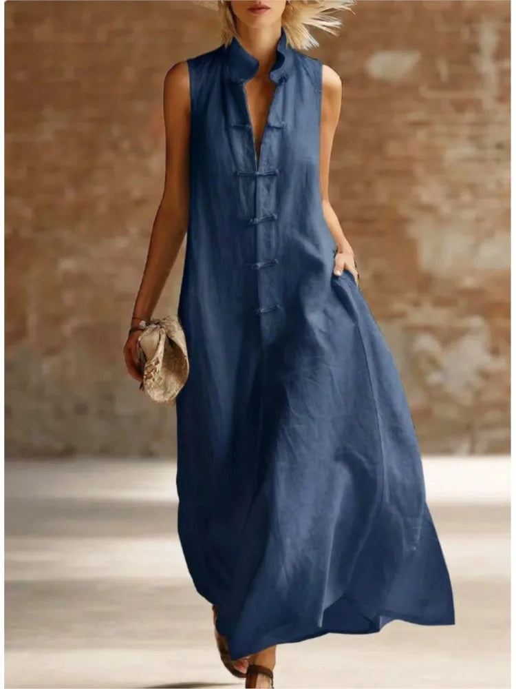 Linen Relaxed Maxi Dress in Navy Blue – Valerie by Maravesse