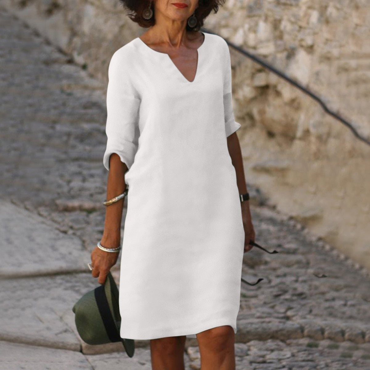 Linen Relaxed Midi Dress in White – Greer by Maravesse