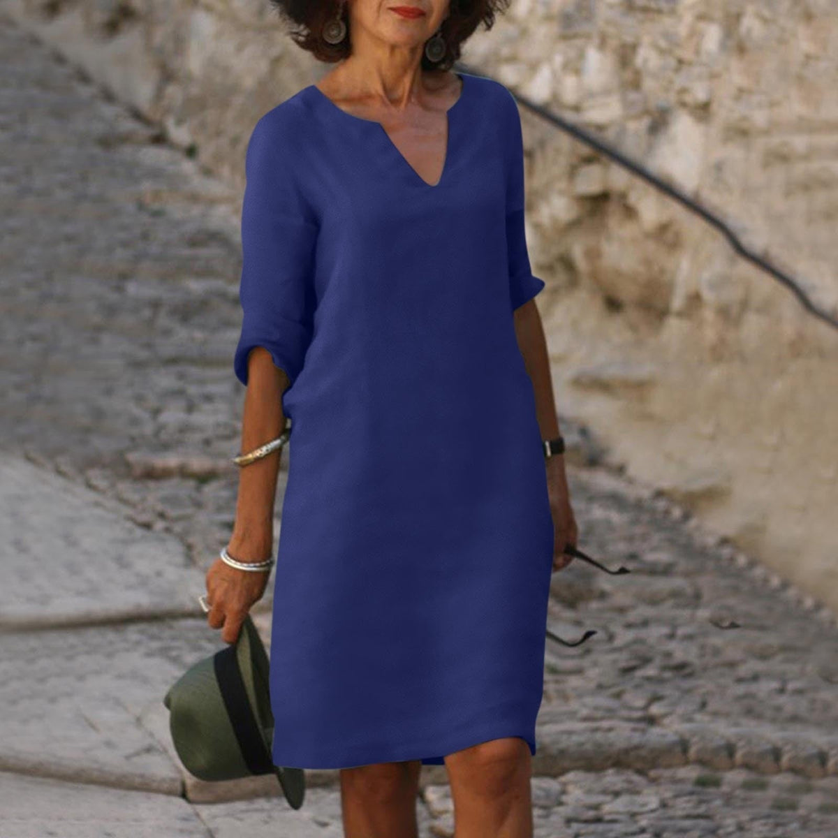Linen Relaxed Midi Dress in Dark Blue – Greer by Maravesse