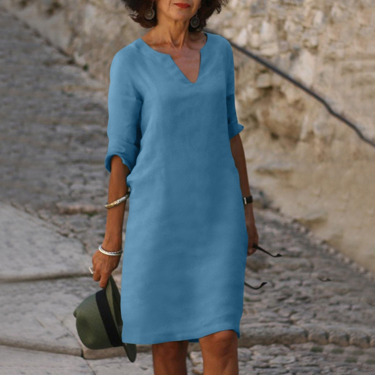 Linen Relaxed Midi Dress in Light Blue – Greer by Maravesse