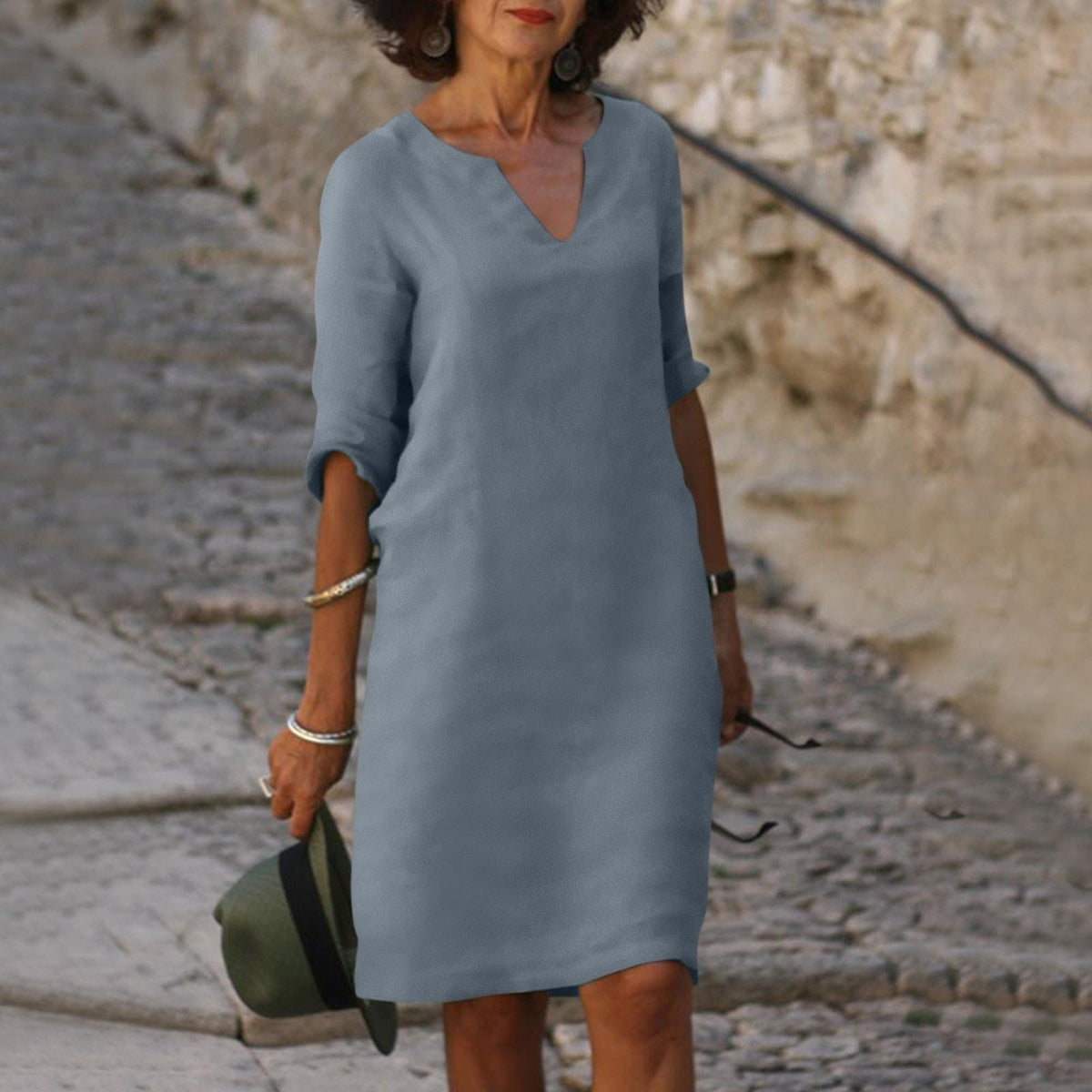 Linen Relaxed Midi Dress in Grey – Greer by Maravesse