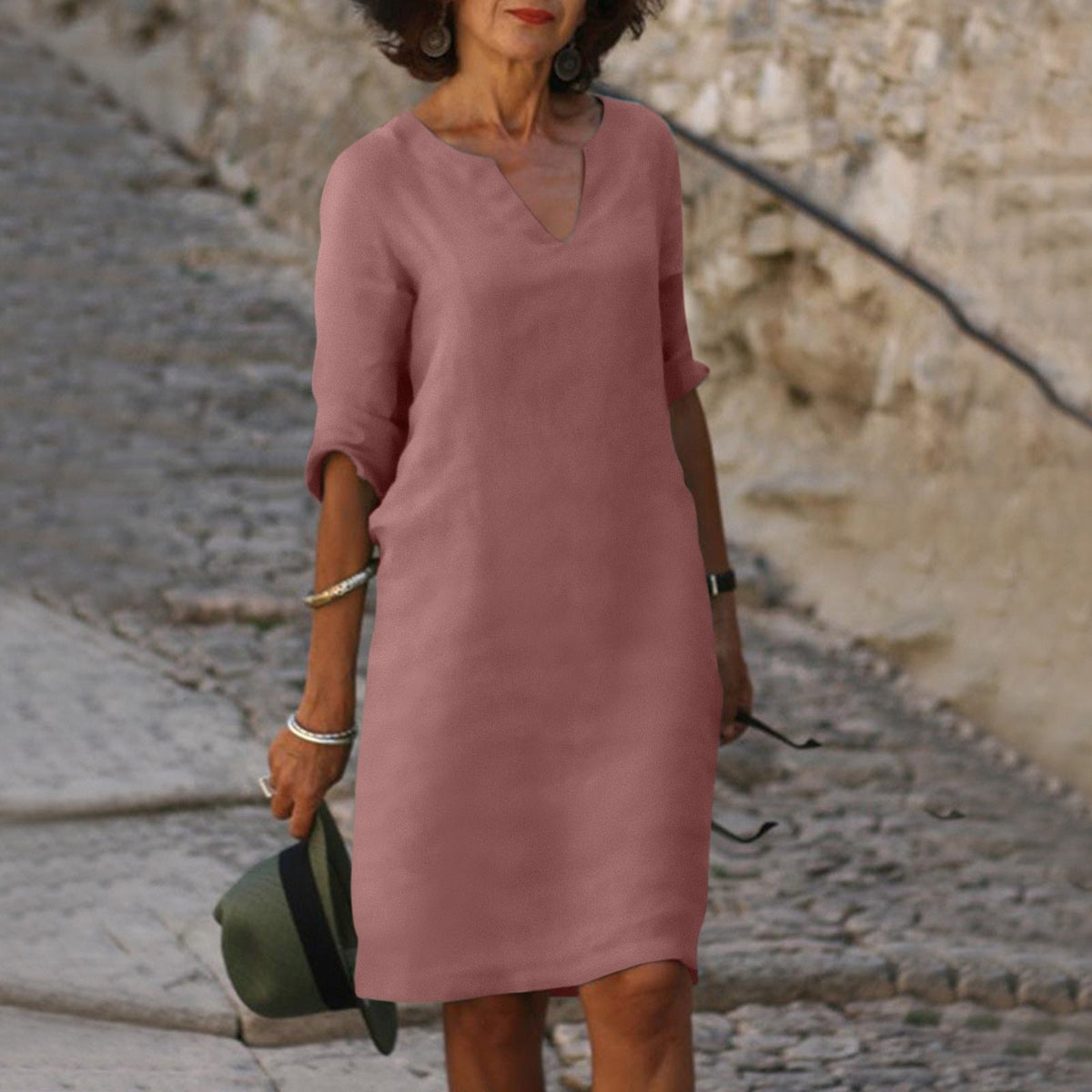 Linen Relaxed Midi Dress in Old Rose – Greer by Maravesse