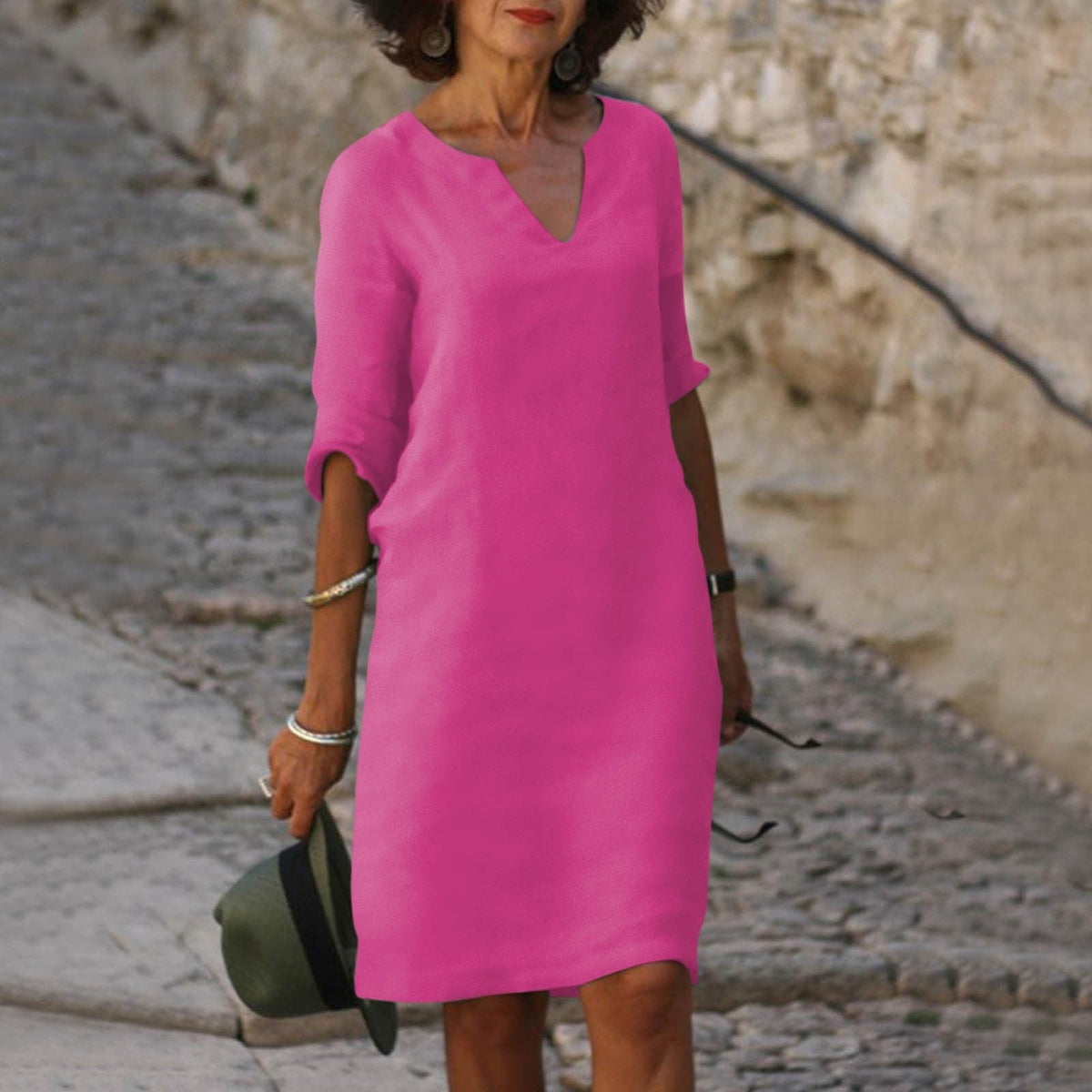 Linen Relaxed Midi Dress in Pink – Greer by Maravesse