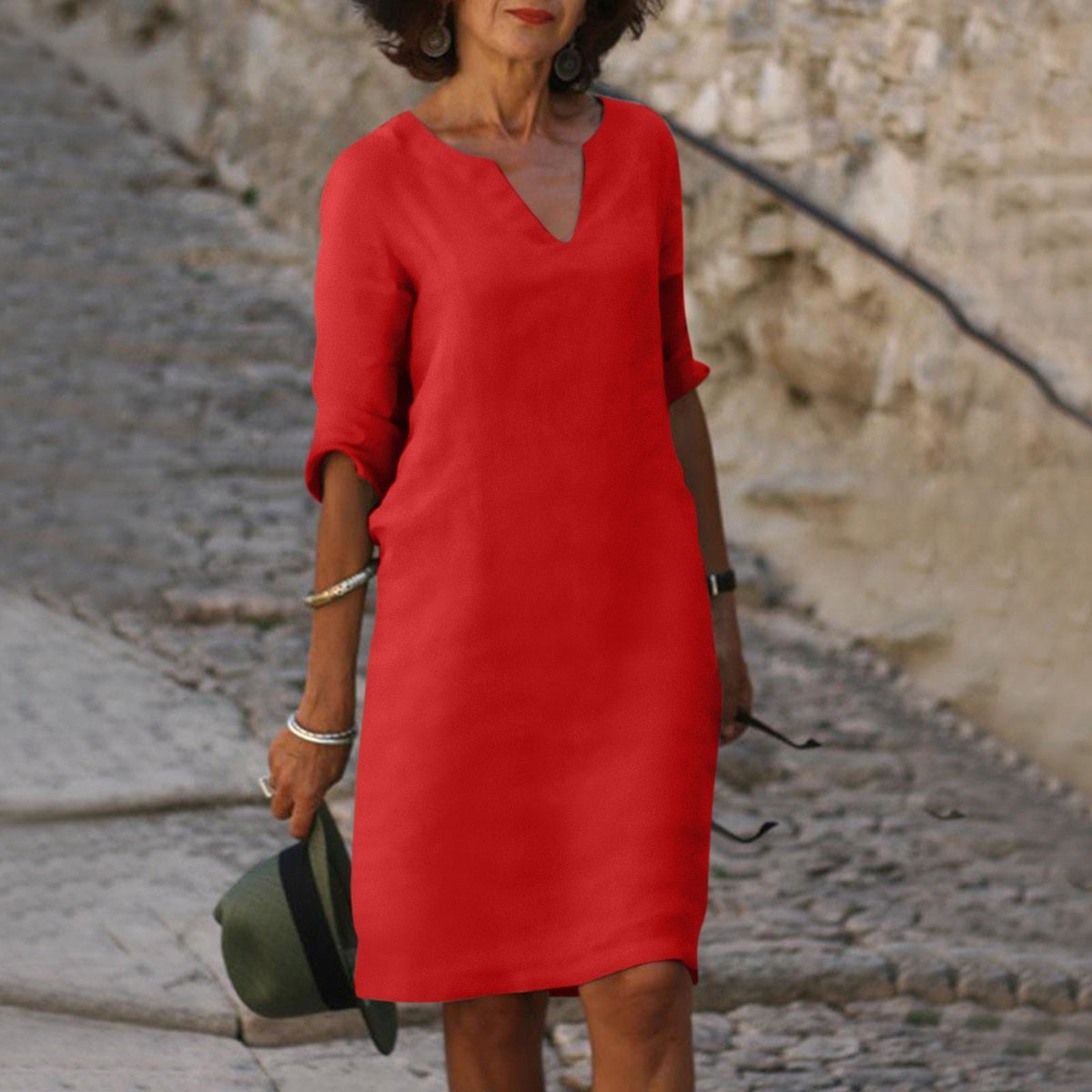 Linen Relaxed Midi Dress in Red – Greer by Maravesse